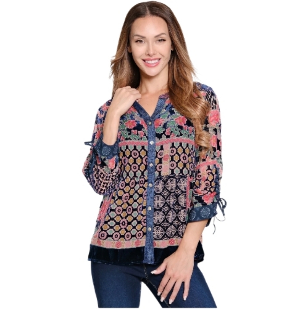 John Mark Burnout Velvet Texture Top Multi Button Front Women's Shirt Sz M Artsy